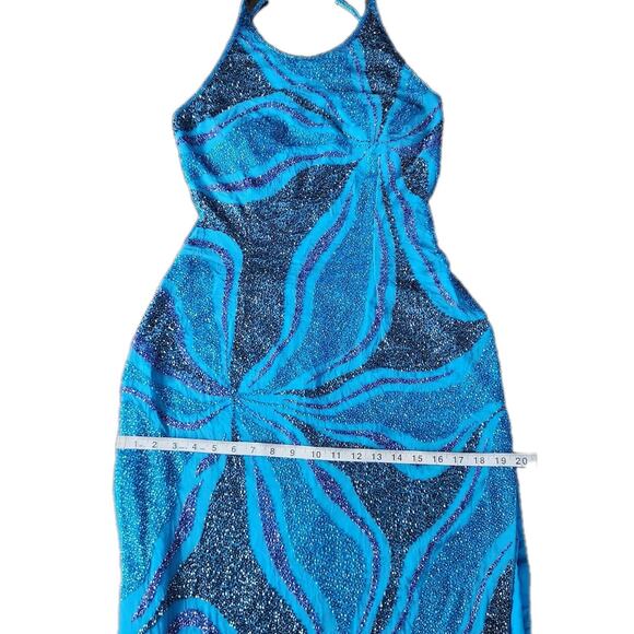 Cache Vintage Beaded Silk Blue Open Back Gown Maxi Dress High Slits Size Large - Picture 9 of 13